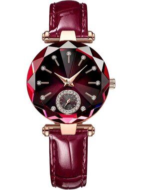 Women's Purple Crystal Accents Dainty Dress Leather Strap Fashion Quartz Watches